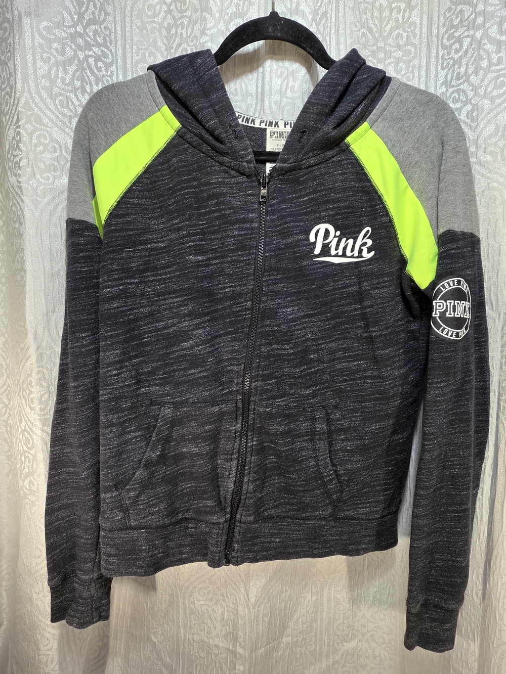 PINK Victoria's Secret Women's Black & Neon Green Zip-Up Hoodie
